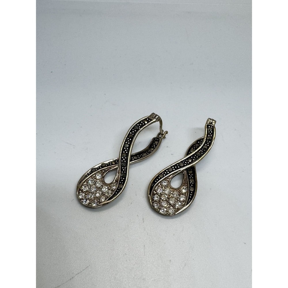Sterling Silver 925 Marcasite Cubic Zirconia Infinity Leverback Dangle Earrings